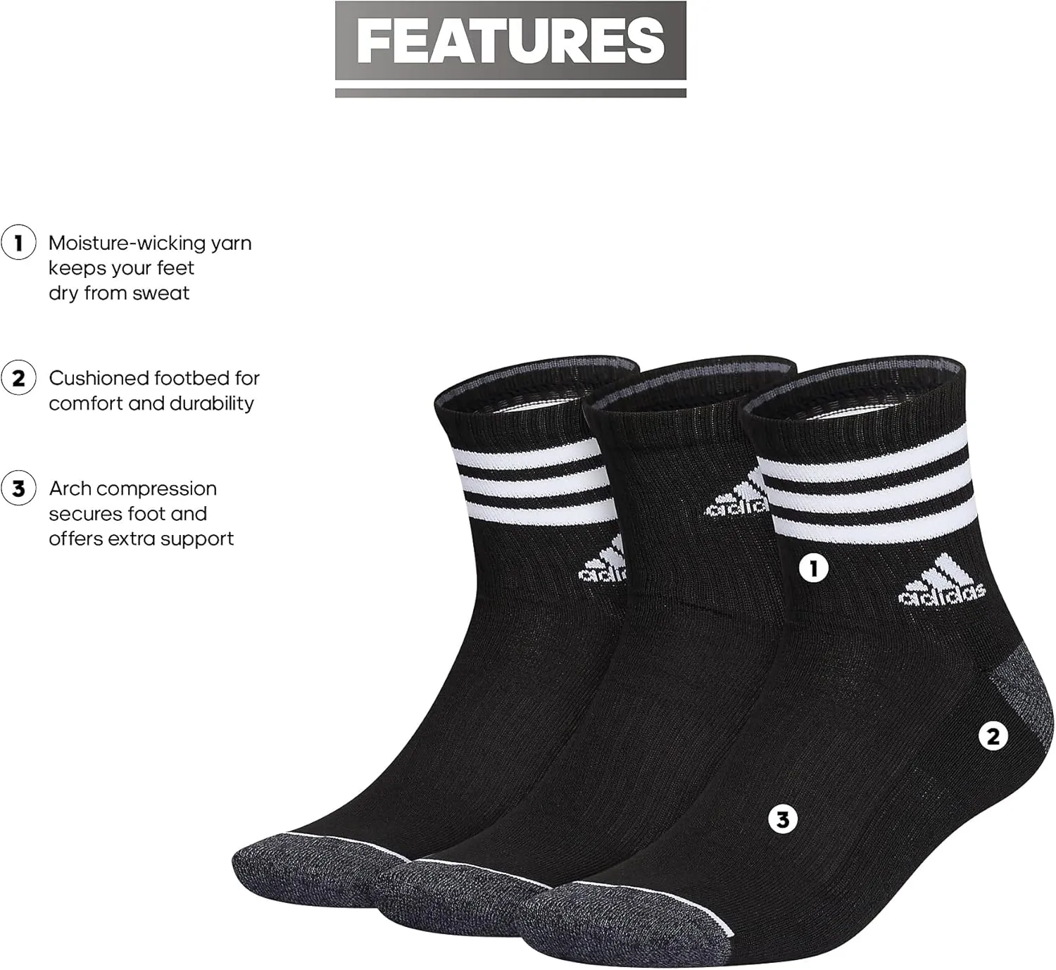 adidas Men's 3-Stripe High Quarter Socks with Arch Compression (3-Pair)
