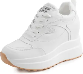 AONEGOLD Platform Sneakers with High Hidden Heel, Wedge Sneakers, Leather Upper, Fashion Lace-ups, Increasing 3.94 inches