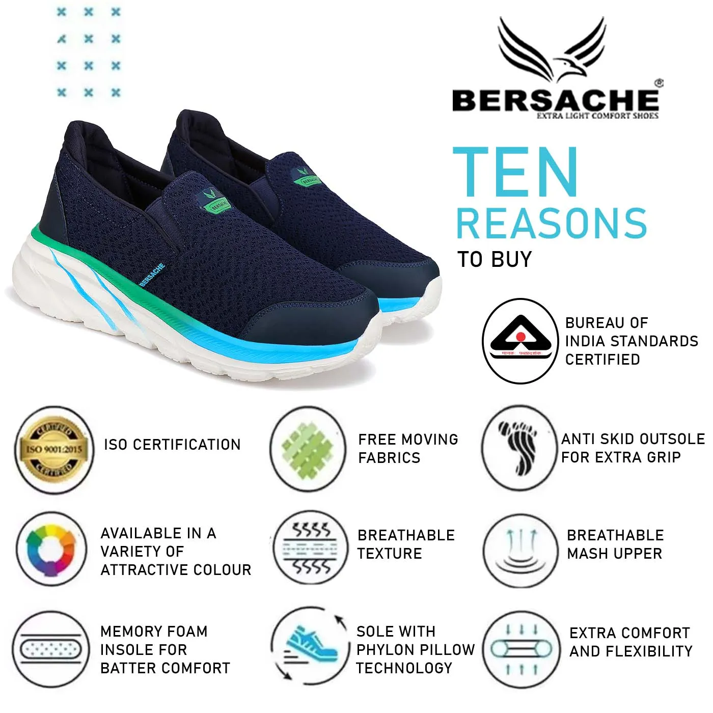 Bersache Lightweight Sports Running Walking Trekking Shoes For Men (9082-Blue)