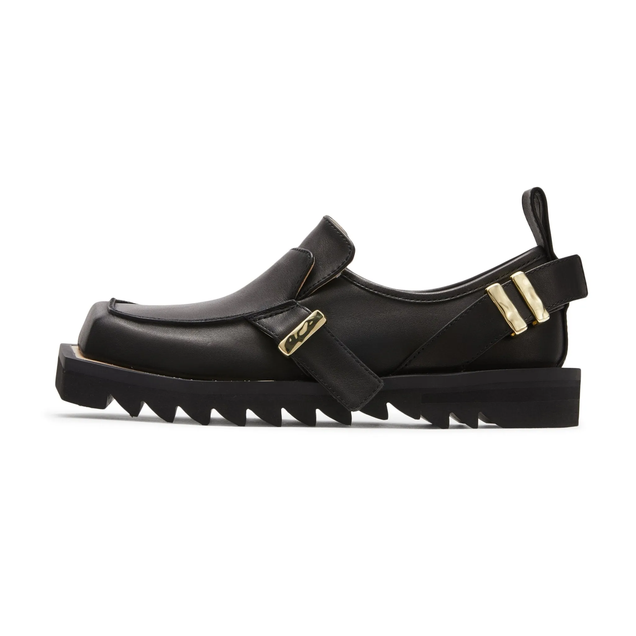 Bevel Head Gear Bottom Buckle Loafers in Black