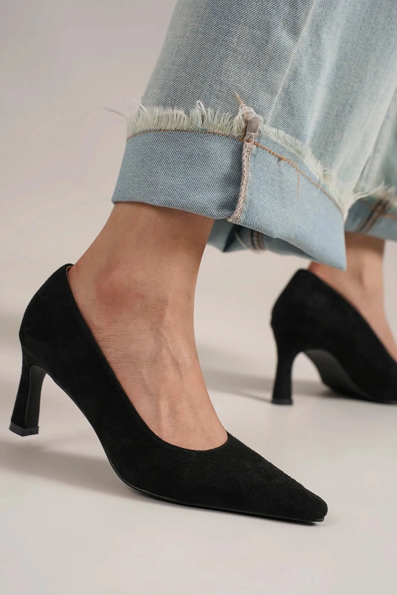 Black Faux Suede Point Toe Pumps