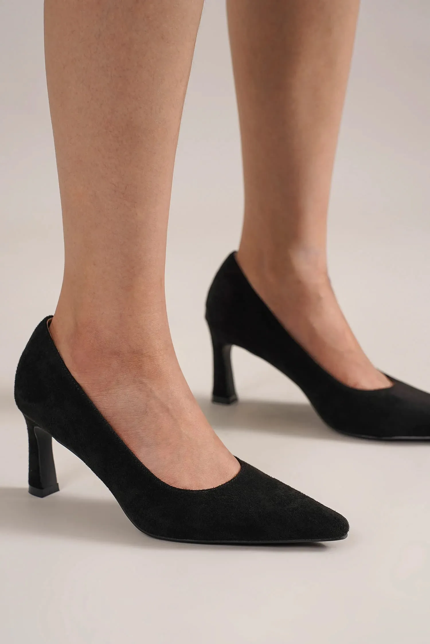 Black Faux Suede Point Toe Pumps