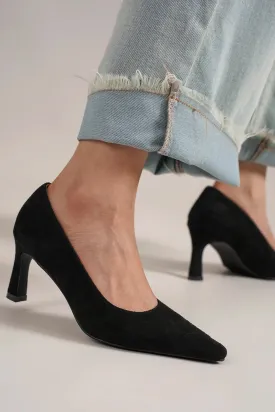 Black Faux Suede Point Toe Pumps