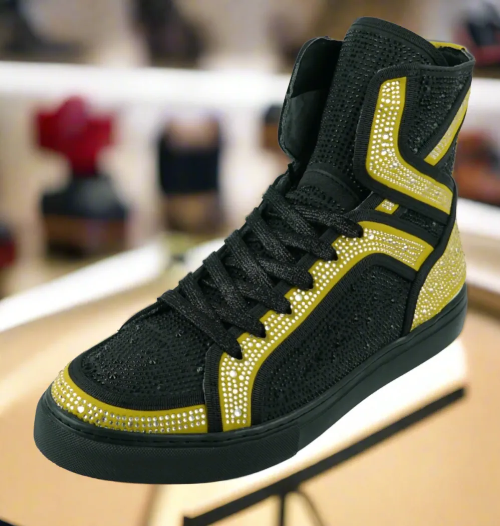 Black Gold Rhinestones High Top Sneaker Encore by Fiesso