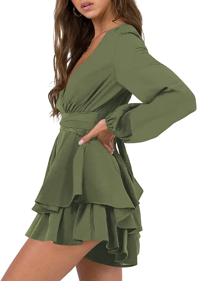 Black Womens Sexy V Neck Long Baggy Sleeve Tie Waist Ruffle Hem Flowy Swing Mini Short Wrap Dress - Nova In Sky