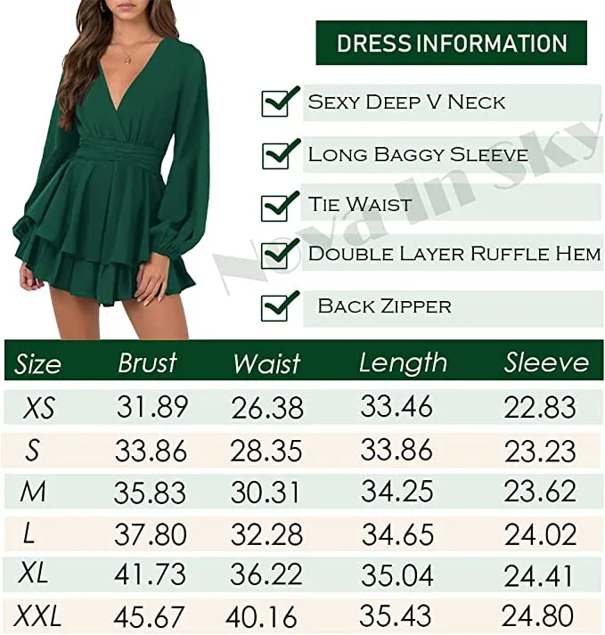 Black Womens Sexy V Neck Long Baggy Sleeve Tie Waist Ruffle Hem Flowy Swing Mini Short Wrap Dress - Nova In Sky
