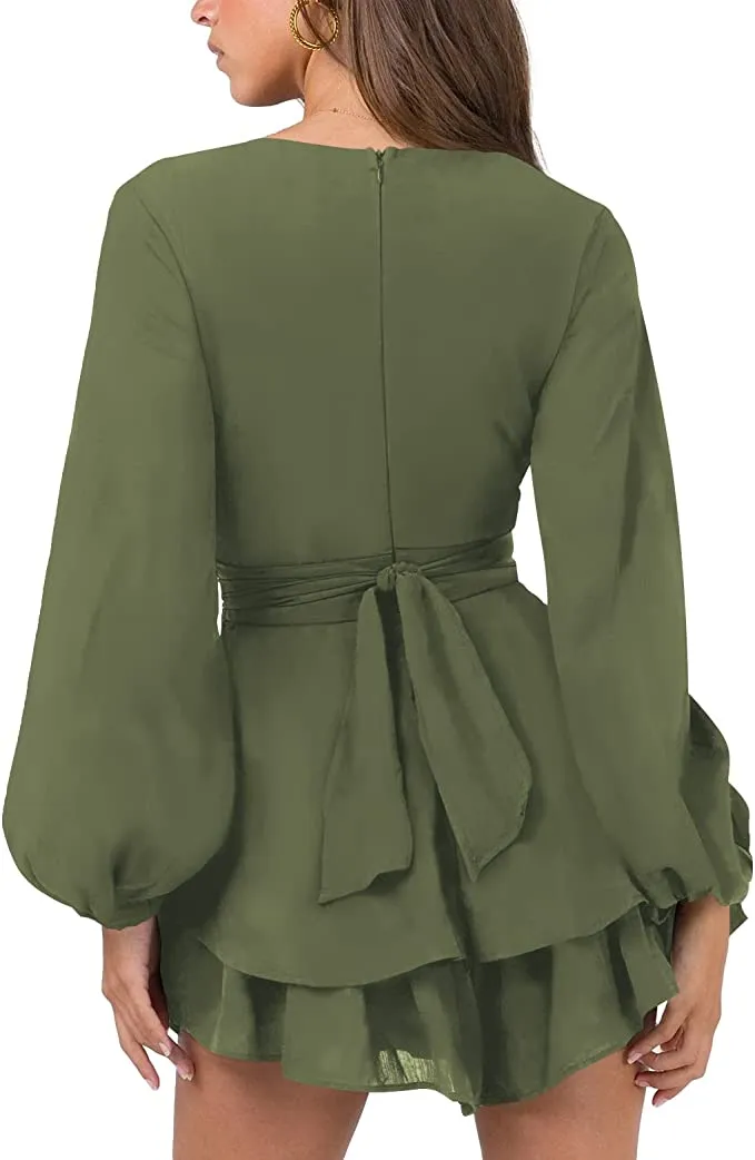 Black Womens Sexy V Neck Long Baggy Sleeve Tie Waist Ruffle Hem Flowy Swing Mini Short Wrap Dress - Nova In Sky