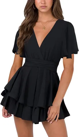 Black Womens Sexy V Neck Long Baggy Sleeve Tie Waist Ruffle Hem Flowy Swing Mini Short Wrap Dress - Nova In Sky