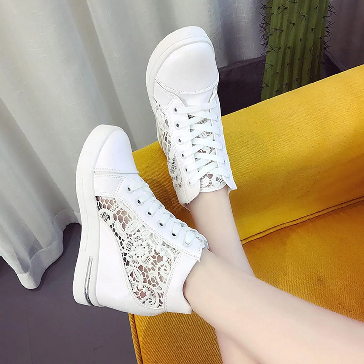 Cathalem High Heeld Wedge Sneakers for Women, Ladies Hidden Heel Sneakers Lace Up Shoes High Top Sneakers Fashion Shoes