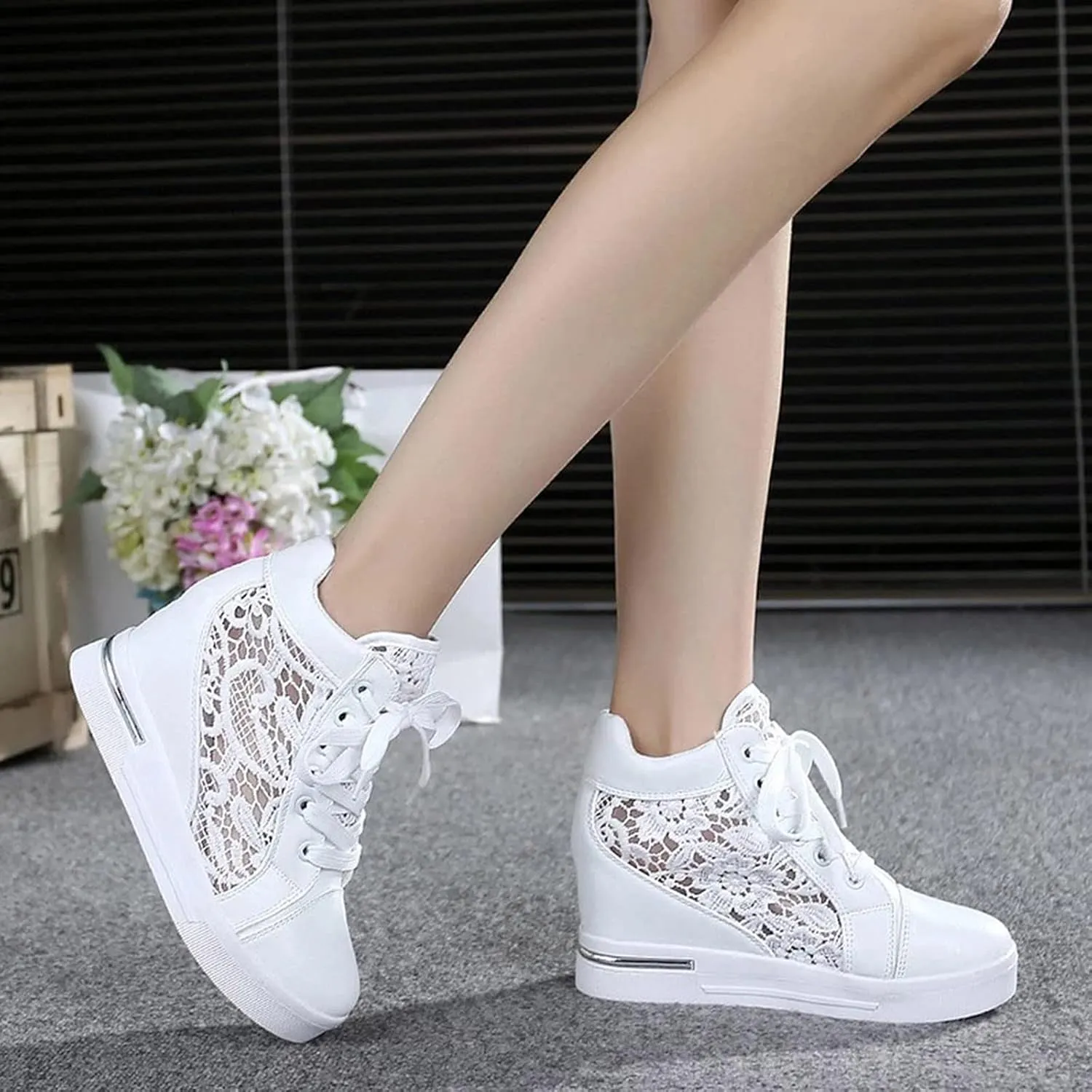 Cathalem High Heeld Wedge Sneakers for Women, Ladies Hidden Heel Sneakers Lace Up Shoes High Top Sneakers Fashion Shoes