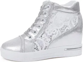 Cathalem High Heeld Wedge Sneakers for Women, Ladies Hidden Heel Sneakers Lace Up Shoes High Top Sneakers Fashion Shoes