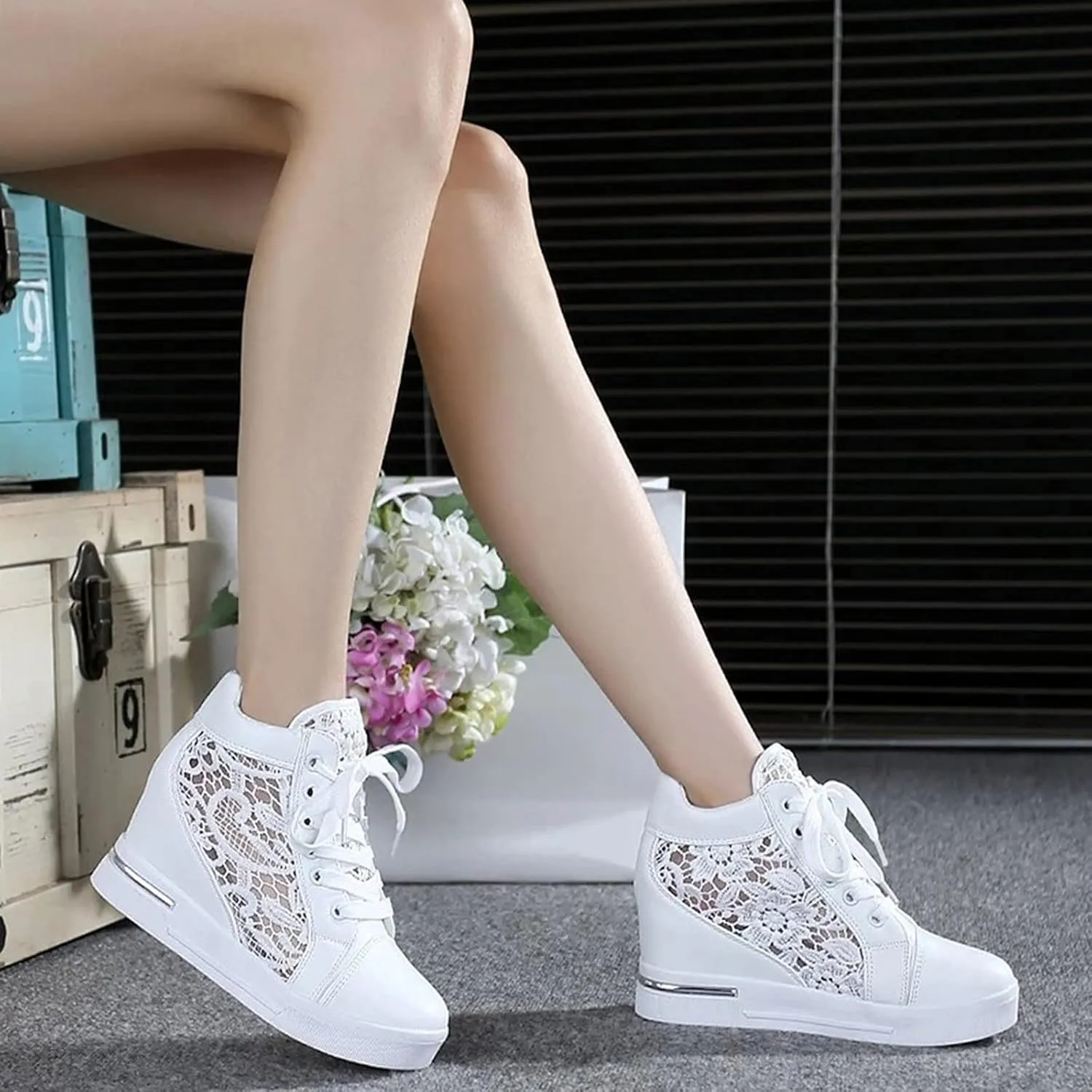 Cathalem High Heeld Wedge Sneakers for Women, Ladies Hidden Heel Sneakers Lace Up Shoes High Top Sneakers Fashion Shoes