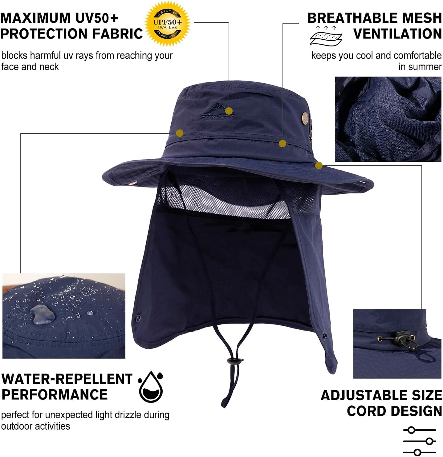 Comhats Oversized XL XXL Waterproof UPF50  Neck Flap Protection Cover Wide Brim Golf Packable Sun Hats for Men