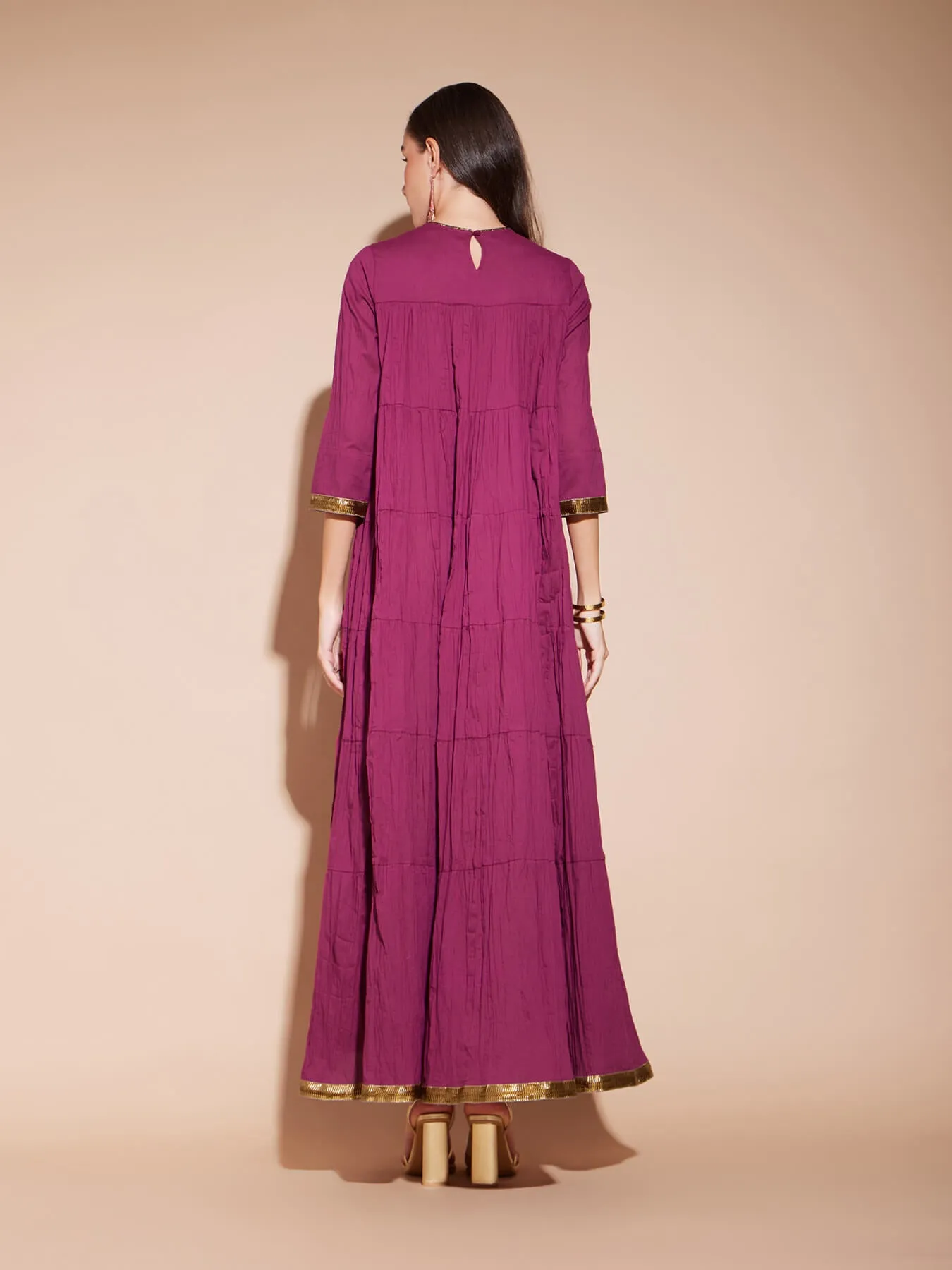 Cotton Solid A-Line Tiered Dress - Pink
