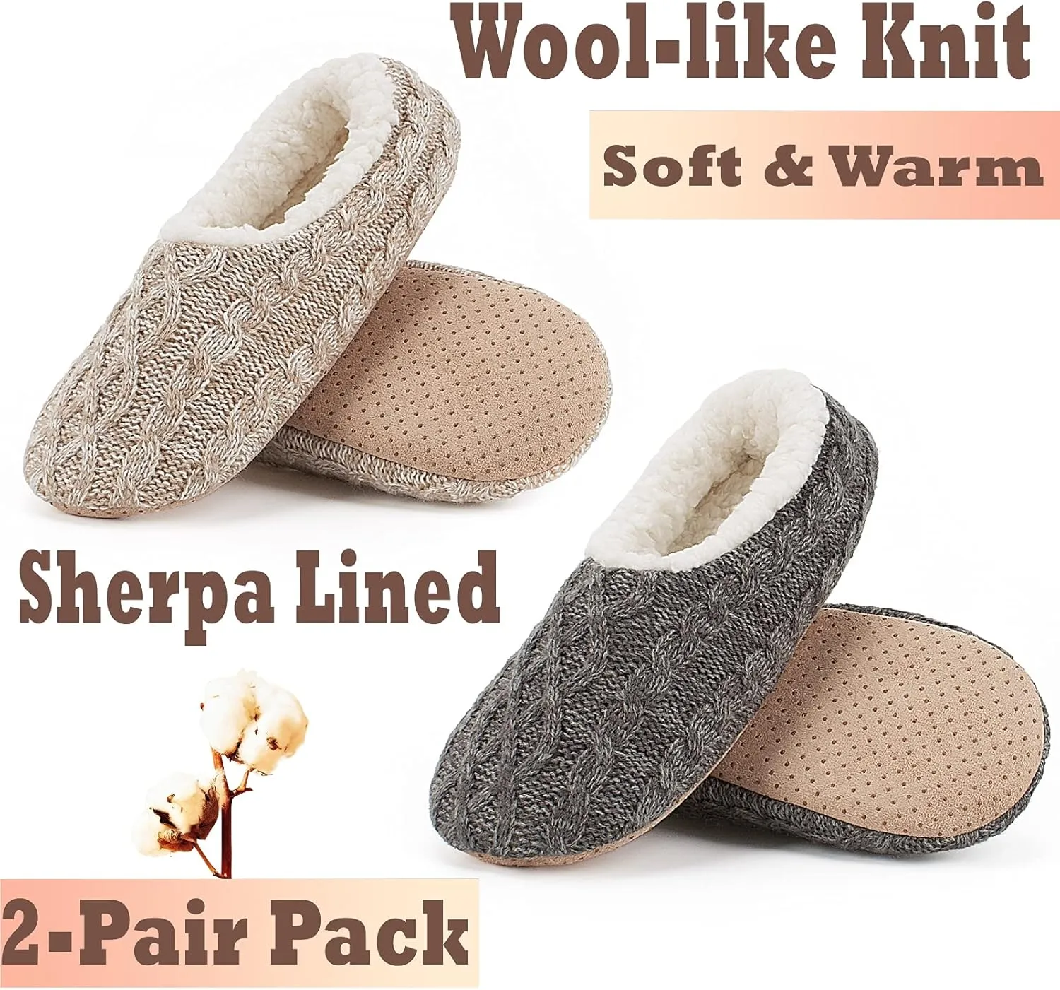 Cozylook 2-Pair Women's Soft Sole Slipper Socks with Grippers, Thick Warm Cozy Sherpa Lined Home Socks Set, Cable Knitted Non-slip Fluffy Winter House Bedroom Slippers