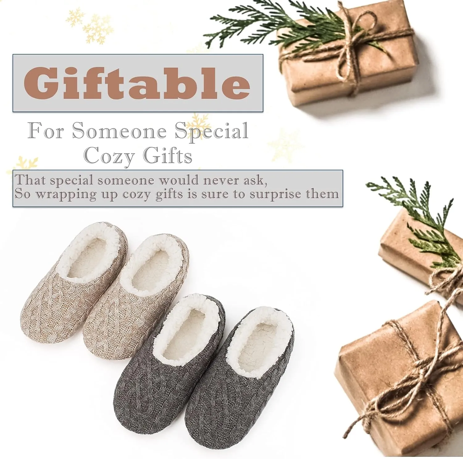 Cozylook 2-Pair Women's Soft Sole Slipper Socks with Grippers, Thick Warm Cozy Sherpa Lined Home Socks Set, Cable Knitted Non-slip Fluffy Winter House Bedroom Slippers