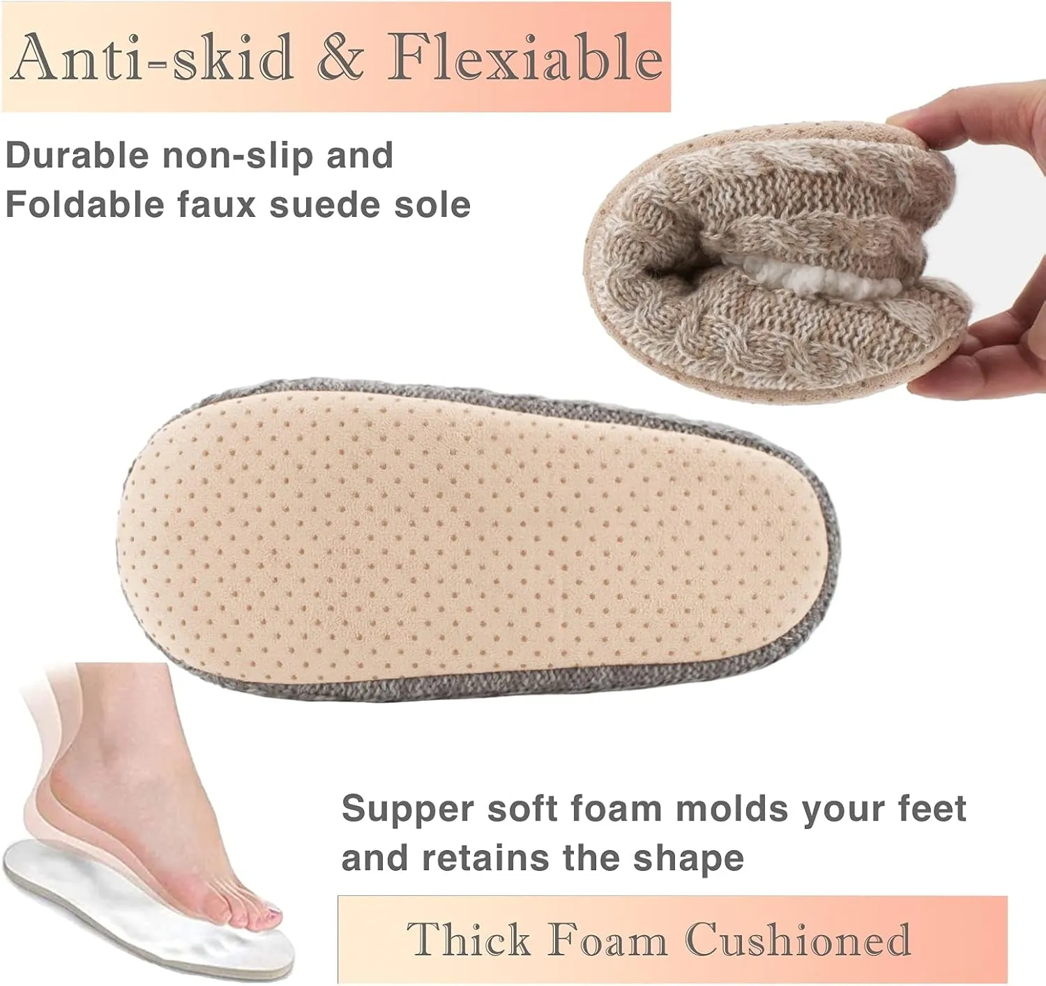 Cozylook 2-Pair Women's Soft Sole Slipper Socks with Grippers, Thick Warm Cozy Sherpa Lined Home Socks Set, Cable Knitted Non-slip Fluffy Winter House Bedroom Slippers
