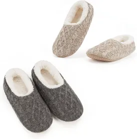 Cozylook 2-Pair Women's Soft Sole Slipper Socks with Grippers, Thick Warm Cozy Sherpa Lined Home Socks Set, Cable Knitted Non-slip Fluffy Winter House Bedroom Slippers