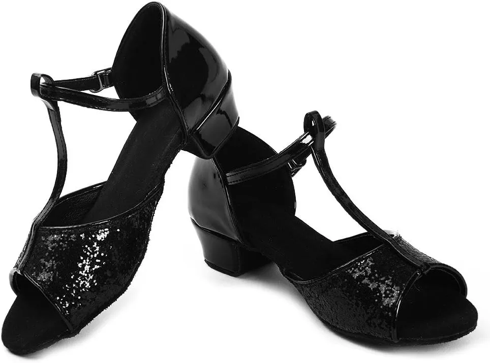 DKZSYIM Women&Girls Sequins Latin Dance Shoes Low Heel Ballroom Salsa Tango Performance Practice Dancing Shoes,Model 208