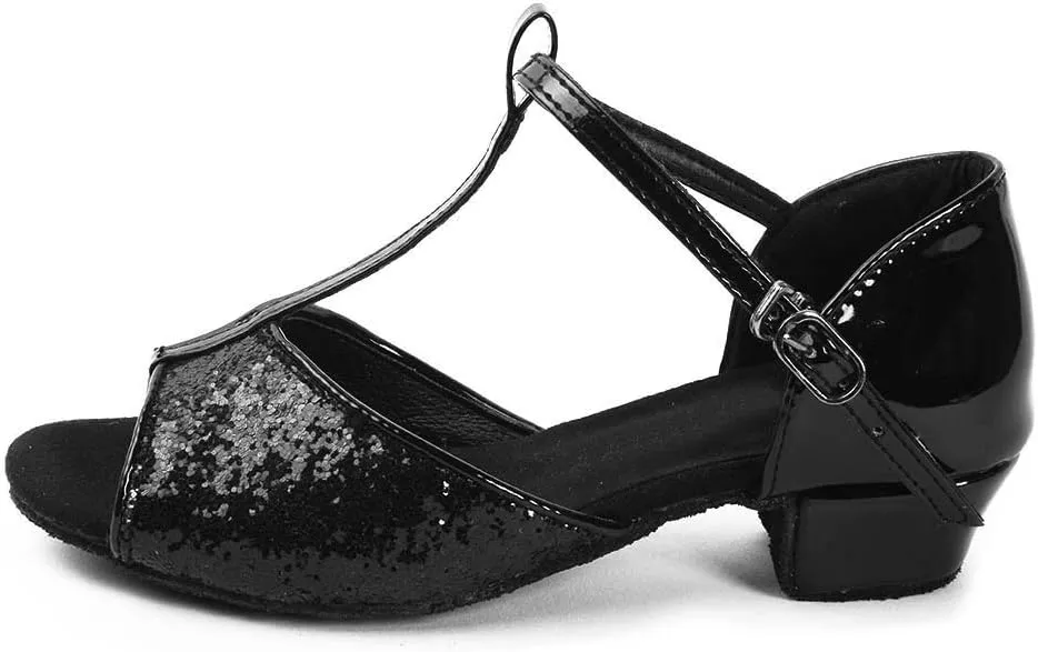 DKZSYIM Women&Girls Sequins Latin Dance Shoes Low Heel Ballroom Salsa Tango Performance Practice Dancing Shoes,Model 208