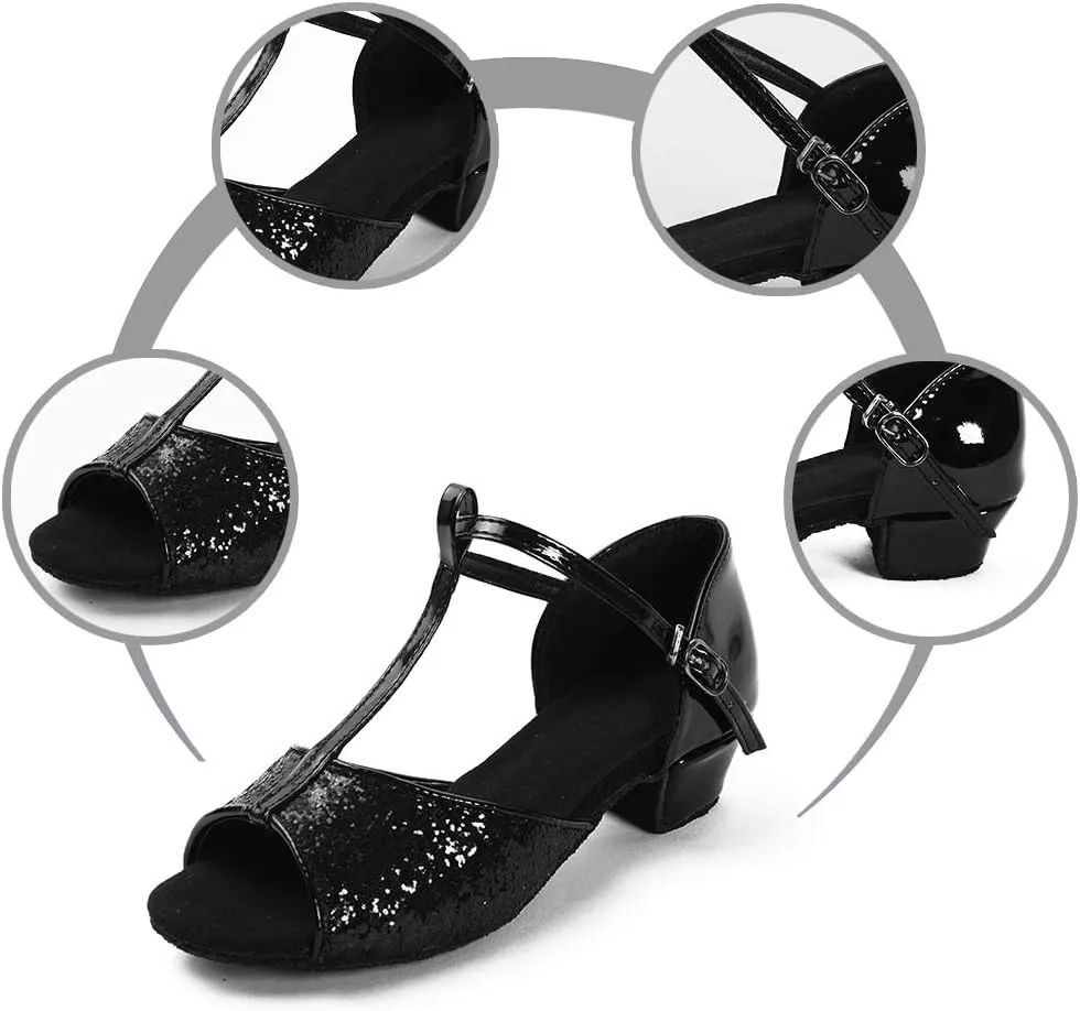 DKZSYIM Women&Girls Sequins Latin Dance Shoes Low Heel Ballroom Salsa Tango Performance Practice Dancing Shoes,Model 208