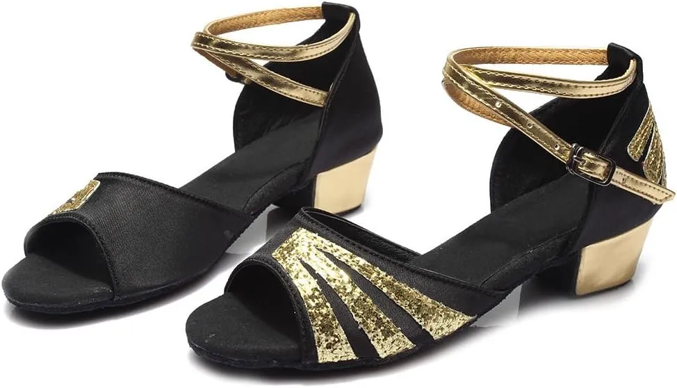 DKZSYIM Women&Girls Sequins Latin Dance Shoes Low Heel Ballroom Salsa Tango Performance Practice Dancing Shoes,Model 208