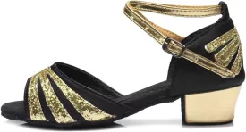 DKZSYIM Women&Girls Sequins Latin Dance Shoes Low Heel Ballroom Salsa Tango Performance Practice Dancing Shoes,Model 208