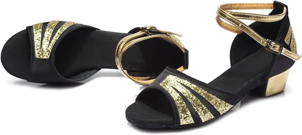 DKZSYIM Women&Girls Sequins Latin Dance Shoes Low Heel Ballroom Salsa Tango Performance Practice Dancing Shoes,Model 208