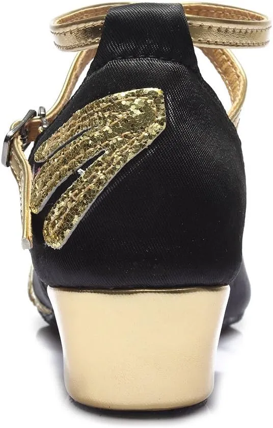 DKZSYIM Women&Girls Sequins Latin Dance Shoes Low Heel Ballroom Salsa Tango Performance Practice Dancing Shoes,Model 208