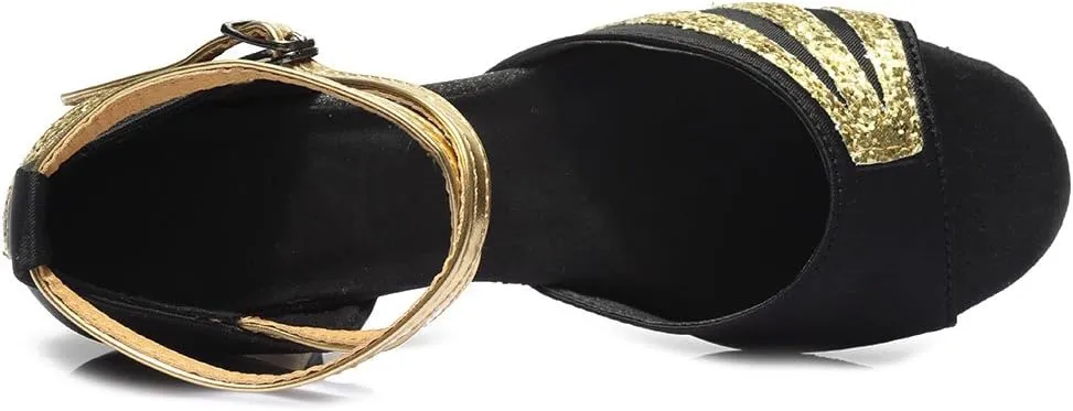 DKZSYIM Women&Girls Sequins Latin Dance Shoes Low Heel Ballroom Salsa Tango Performance Practice Dancing Shoes,Model 208