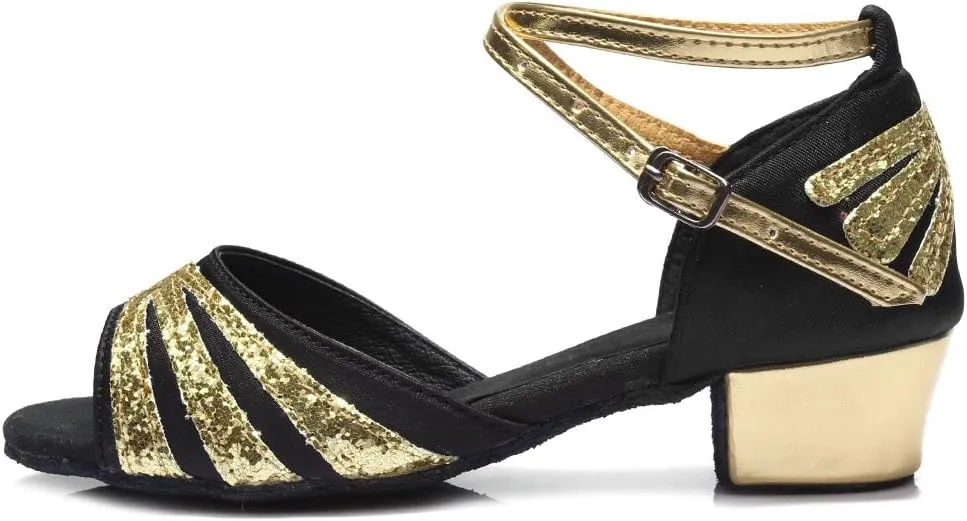 DKZSYIM Women&Girls Sequins Latin Dance Shoes Low Heel Ballroom Salsa Tango Performance Practice Dancing Shoes,Model 208