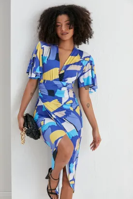 Ethereal Angel Sleeve Wrap Dress in Blue Geo Print