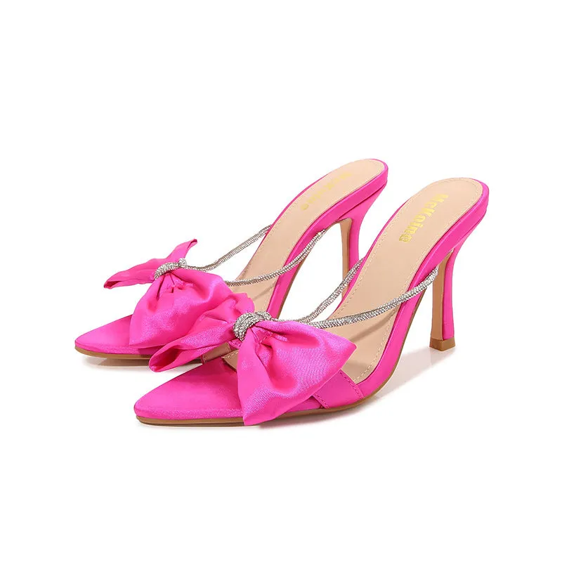 Fashionable Butterfly Bow Rhinestone Stiletto Satin High Heel Sandals