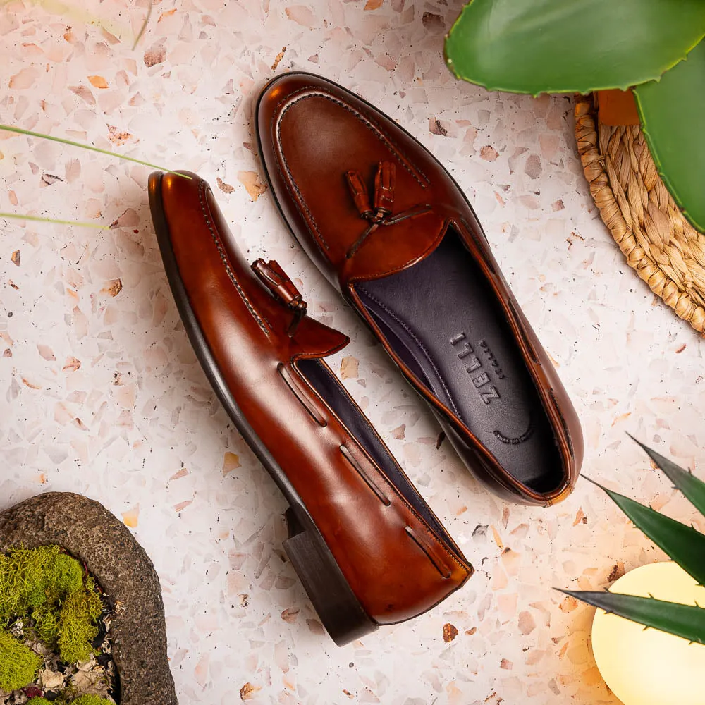 Franco Handfinished Italian Calfskin Tassel Loafer in Cognac by Zelli Italia