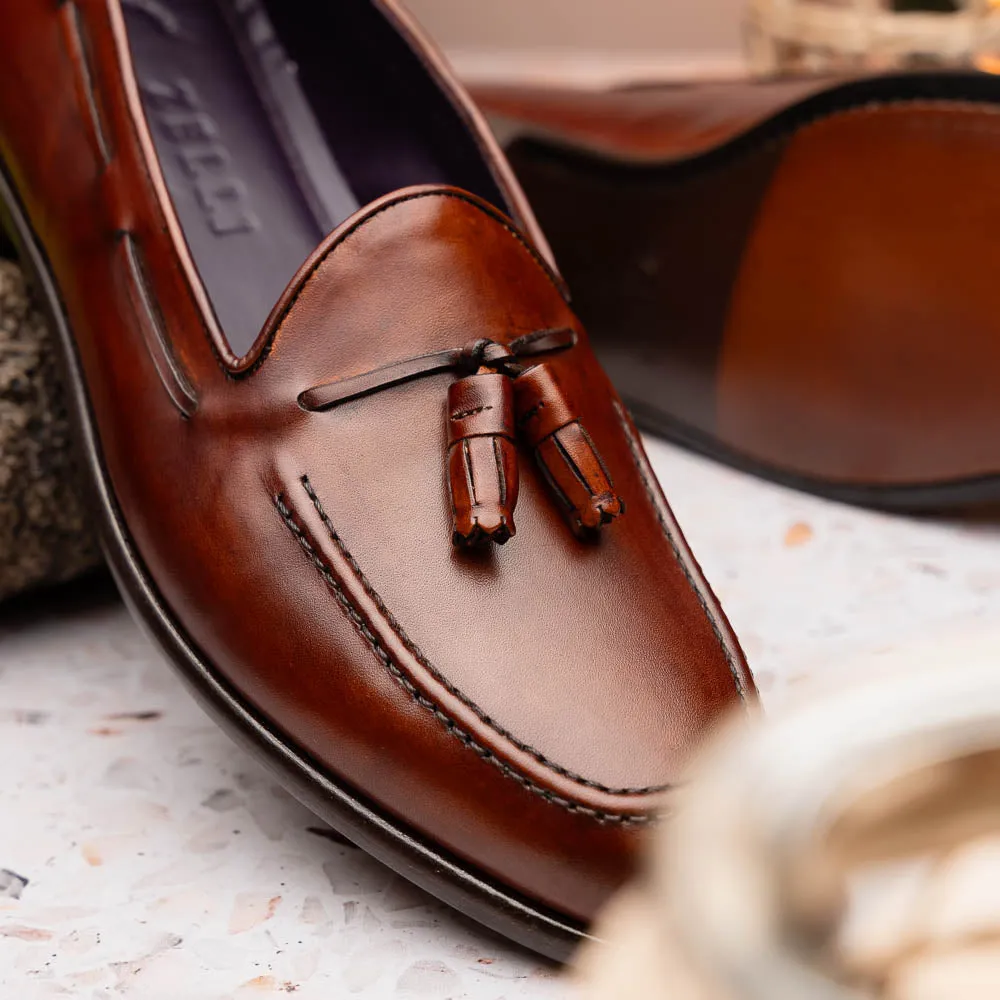 Franco Handfinished Italian Calfskin Tassel Loafer in Cognac by Zelli Italia