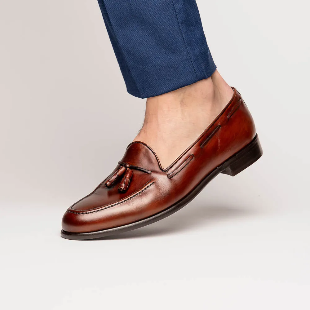 Franco Handfinished Italian Calfskin Tassel Loafer in Cognac by Zelli Italia