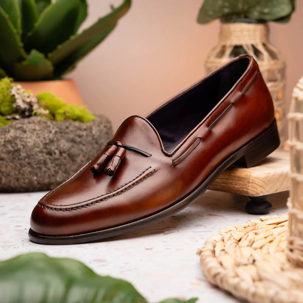 Franco Handfinished Italian Calfskin Tassel Loafer in Cognac by Zelli Italia