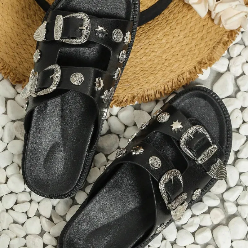 Goth Style Studded Buckle Decor Platform Slide Sandals