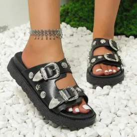 Goth Style Studded Buckle Decor Platform Slide Sandals