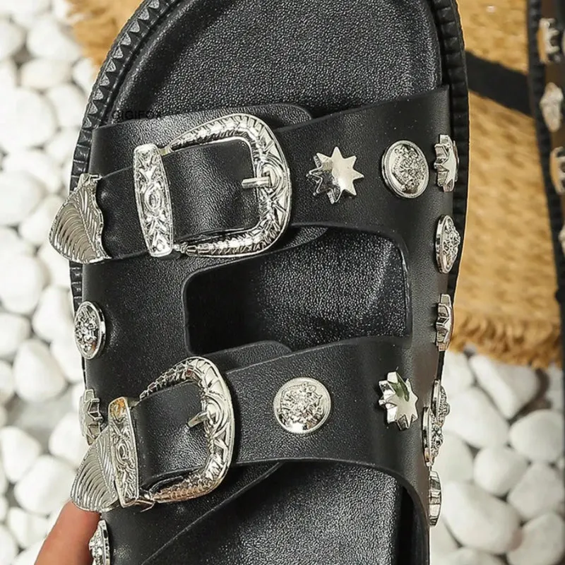 Goth Style Studded Buckle Decor Platform Slide Sandals