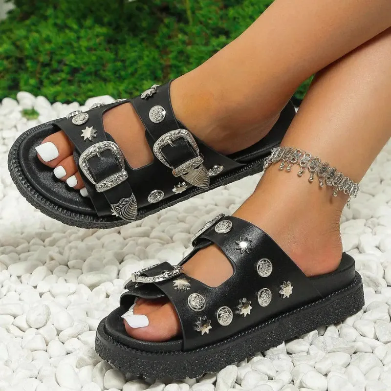 Goth Style Studded Buckle Decor Platform Slide Sandals