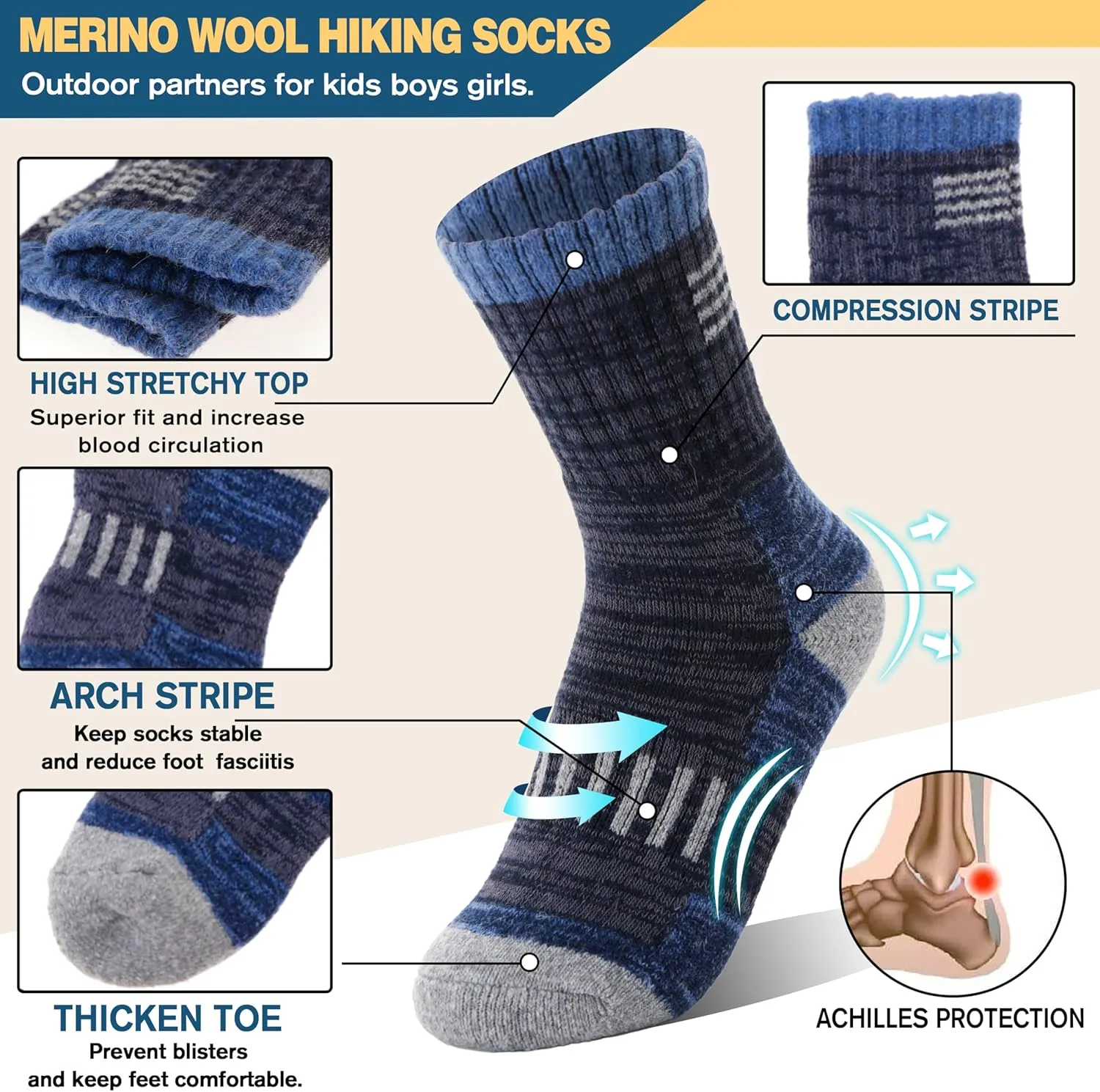 Kids Merino Wool Hiking Socks Boys Girls Toddler Thermal Winter Warm Thick Cushioned Moisture Wicking Socks 6 Pairs