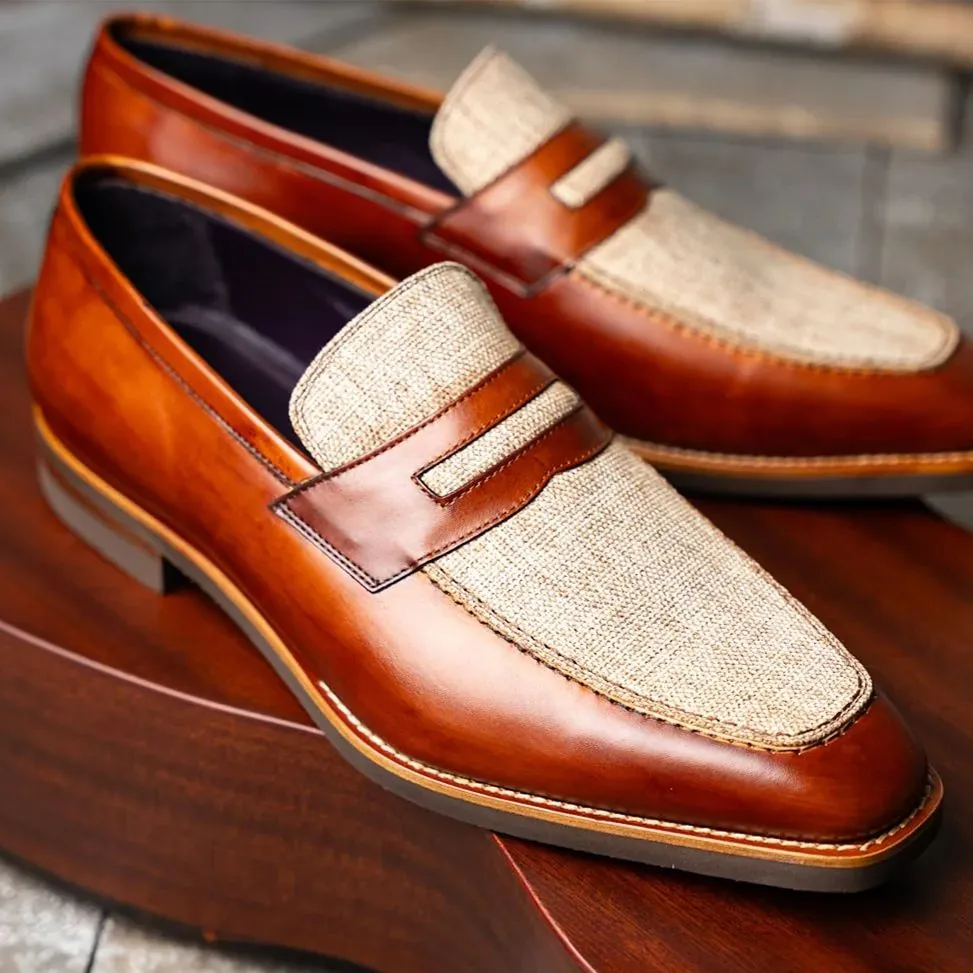Lago Italian Calfskin and Linen Loafer in Cognac by Zelli Italia