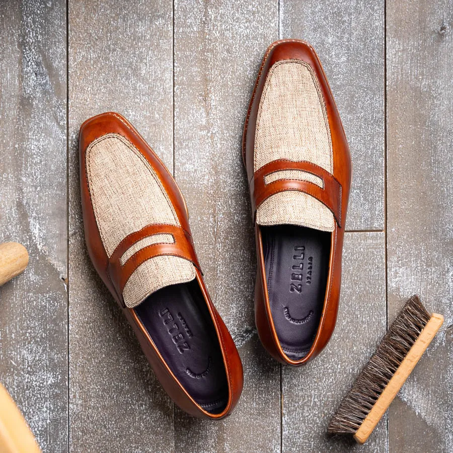 Lago Italian Calfskin and Linen Loafer in Cognac by Zelli Italia