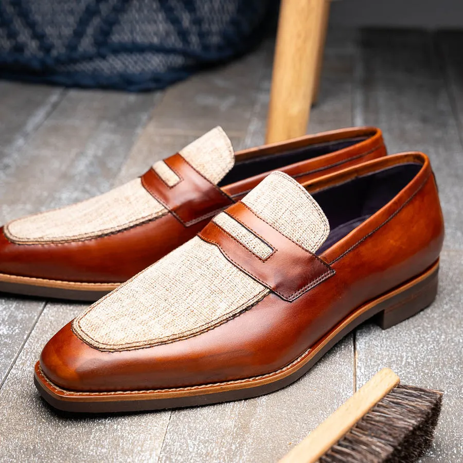 Lago Italian Calfskin and Linen Loafer in Cognac by Zelli Italia