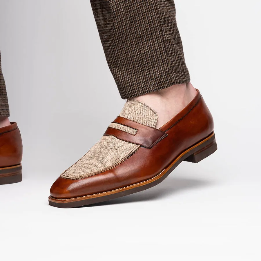 Lago Italian Calfskin and Linen Loafer in Cognac by Zelli Italia