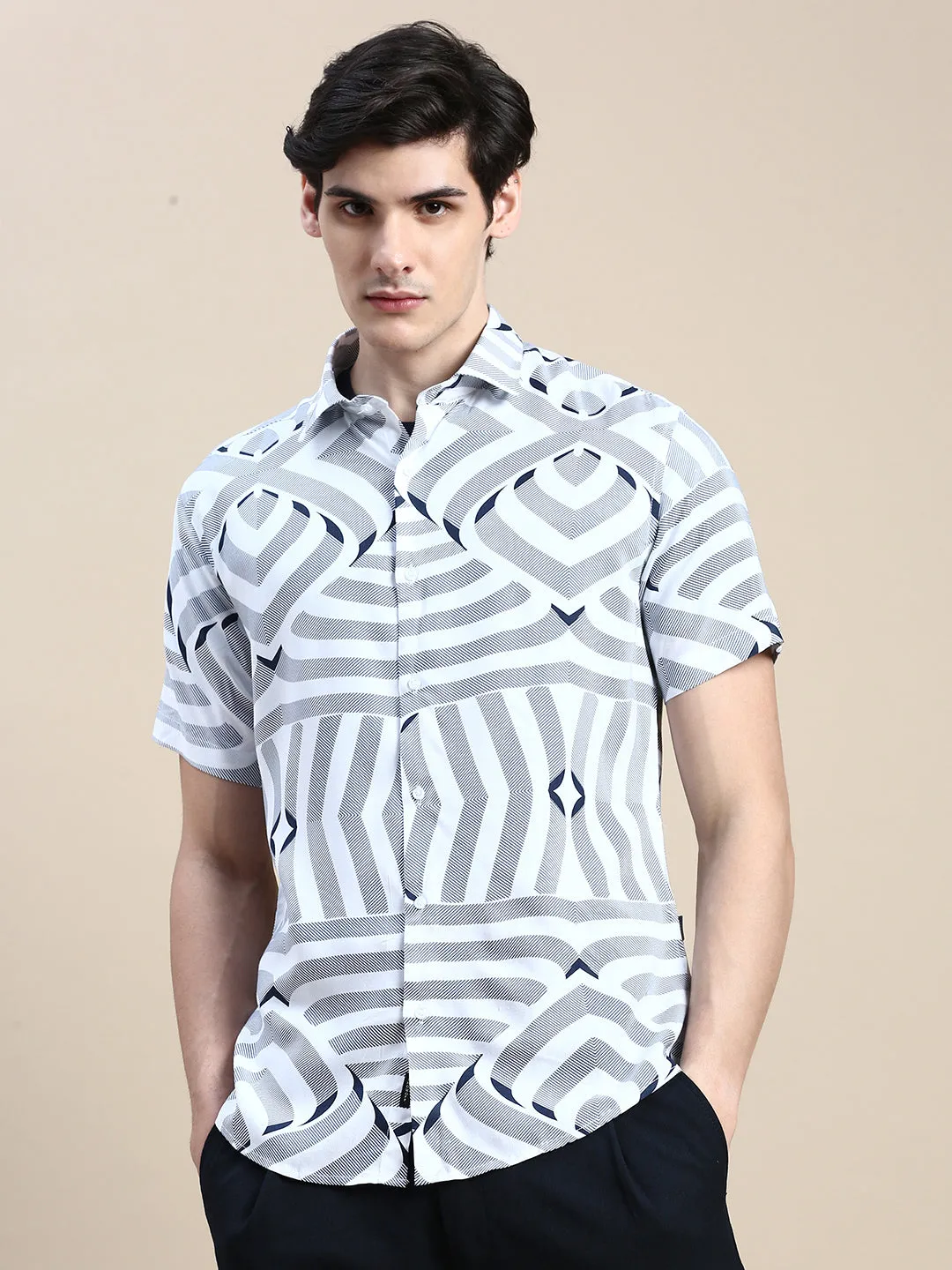 Men White Graphics Casual Shirt