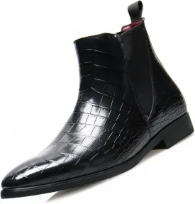 Men's Printed Leather Slip On Chelsea Boots Retro Pointed Toe Mid High Top Business Casual Formal Dress Ankle Boots
