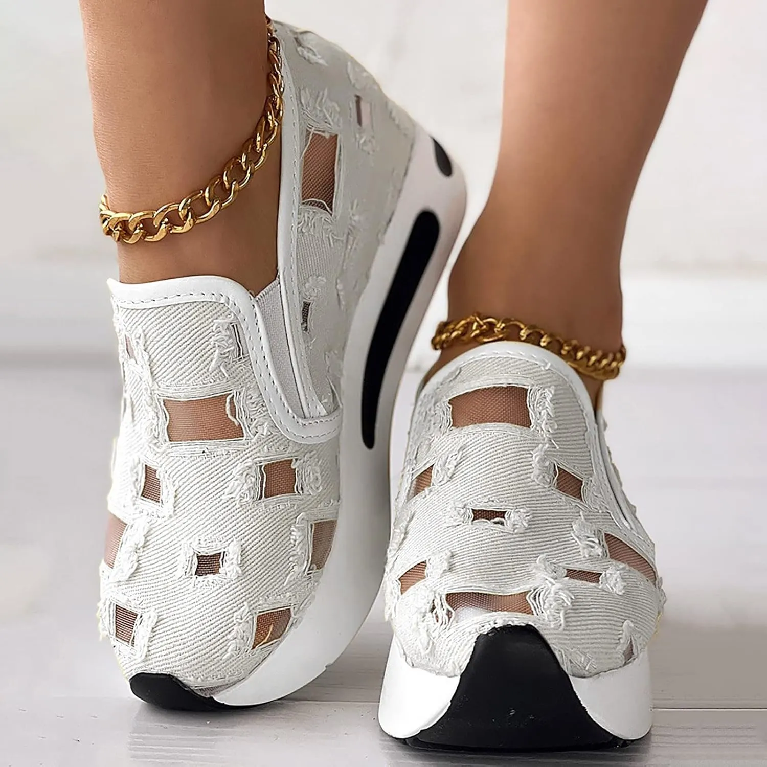 Platform Wedge Floral Women's Fashion Sneakers Breathable Walking Shoes Mesh Slip On Sneakers Women Casual Embroidery Sneakers Comfort Work Shoes Outdoor Travel Hidden High Heels Shoes