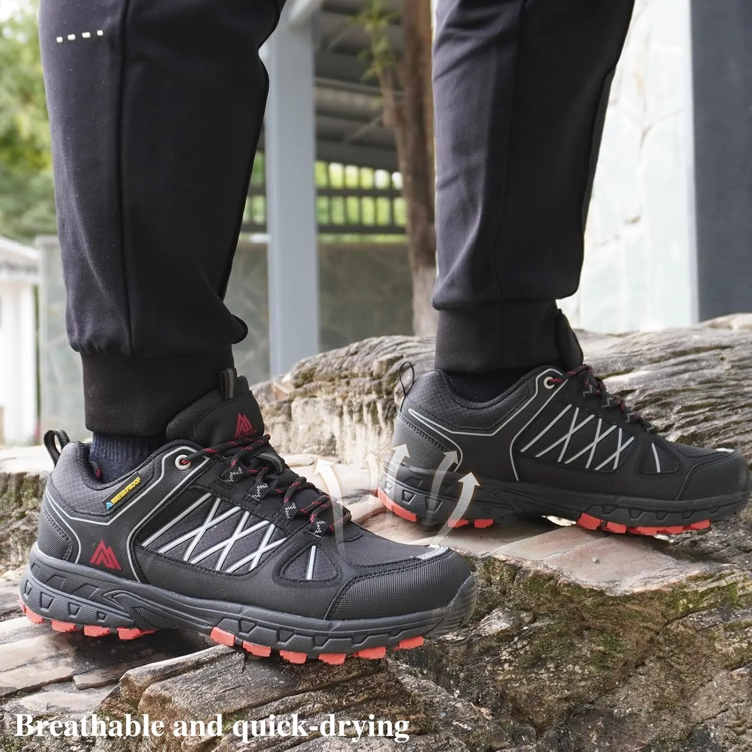 Queday Men's Waterproof Hiking Shoes Lightweight Anti Slip Outdoor Ankle Boots Breathable Hike Trekking Trails Shoes